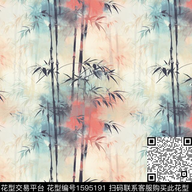 水墨风竹子复古数码印花花型下载（图片编号: 1595191） - 瓦栏（Walan）