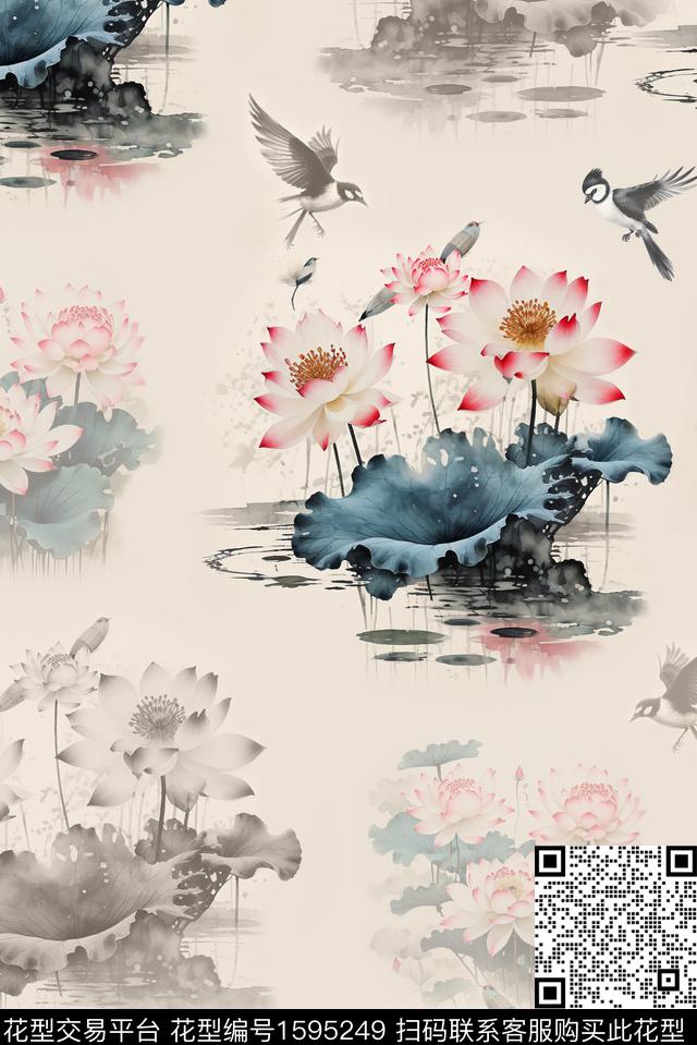 花鸟中国风影花数码印花花型下载（图片编号: 1595249） - 瓦栏（Walan）