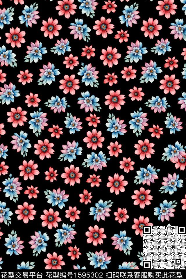 花卉小碎花黑底花卉数码印花花型下载（图片编号: 1595302） - 瓦栏（Walan）