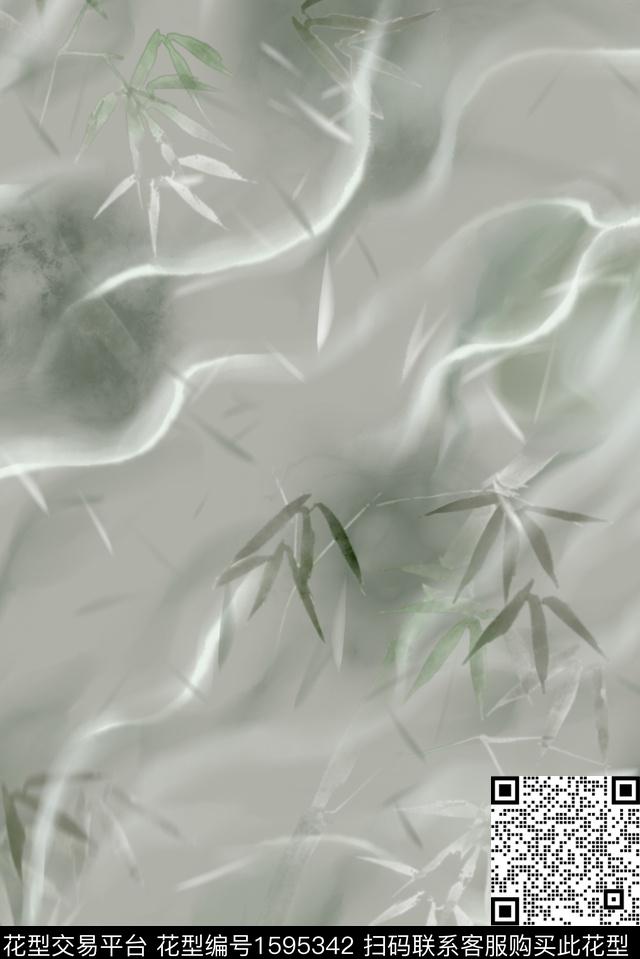竹子水墨水波中国风数码印花花型下载（图片编号: 1595342） - 瓦栏（Walan）