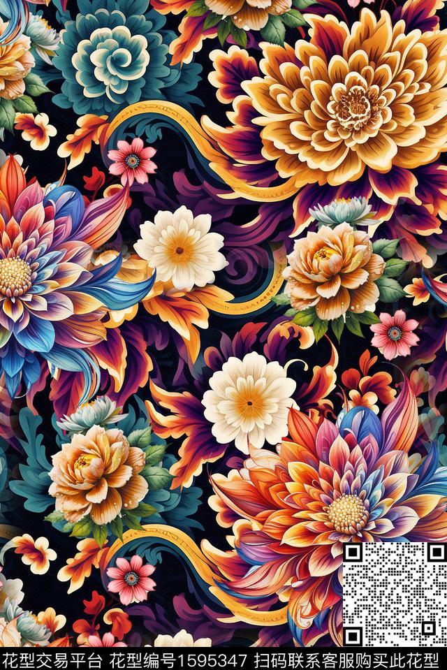 花卉黑底花卉大花数码印花花型下载（图片编号: 1595347） - 瓦栏（Walan）