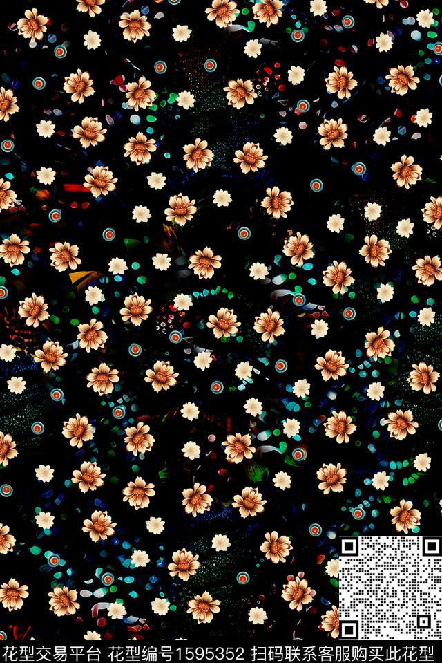 花卉小碎花黑底花卉数码印花花型下载（图片编号: 1595352） - 瓦栏（Walan）