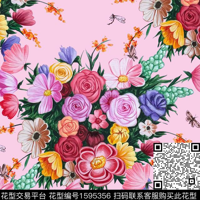 花卉花团蝴蝶数码印花花型下载（图片编号: 1595356） - 瓦栏（Walan）