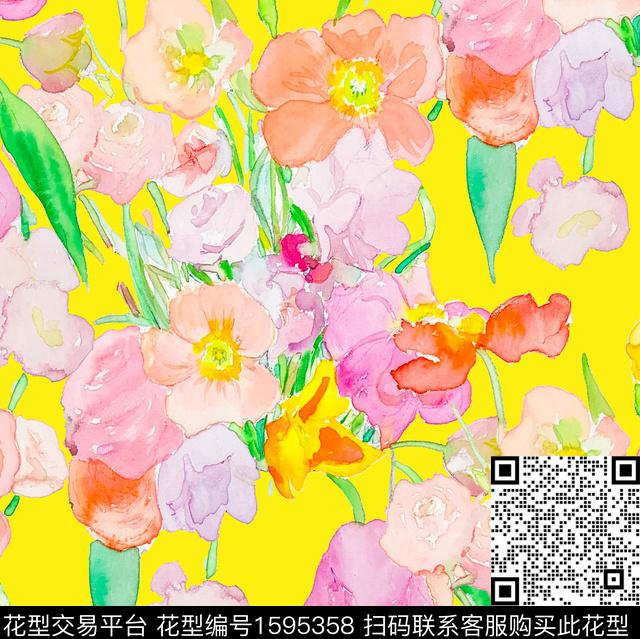 水彩花卉郁金香绿色系数码印花花型下载（图片编号: 1595358） - 瓦栏（Walan）
