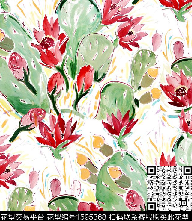 热带花卉仙人掌数码印花花型下载（图片编号: 1595368） - 瓦栏（Walan）
