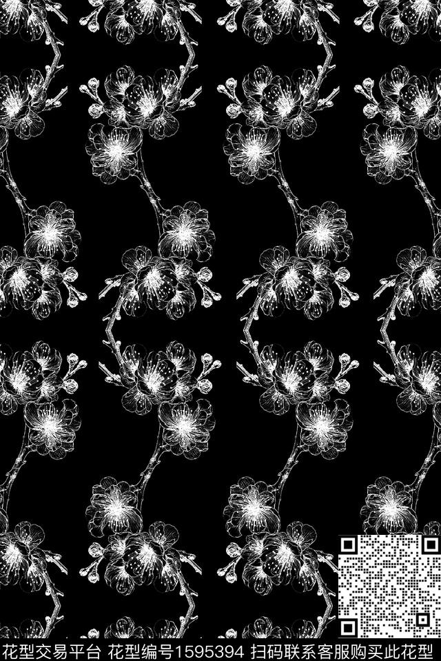 花卉黑白花型数码印花花型下载（图片编号: 1595394） - 瓦栏（Walan）