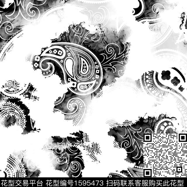 黑白佩斯利黑白花型数码印花花型下载（图片编号: 1595473） - 瓦栏（Walan）