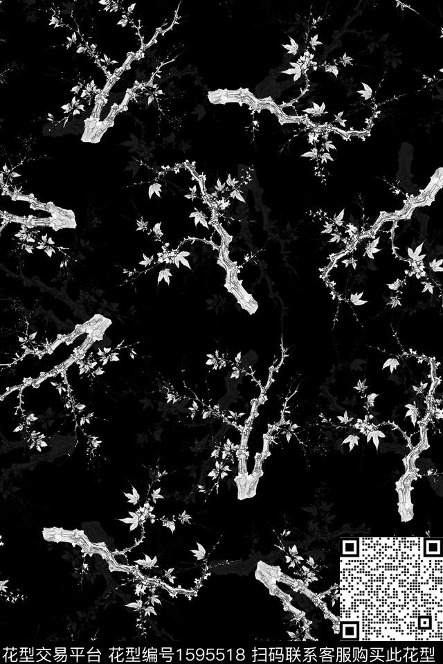 树枝黑白花型数码印花花型下载（图片编号: 1595518） - 瓦栏（Walan）