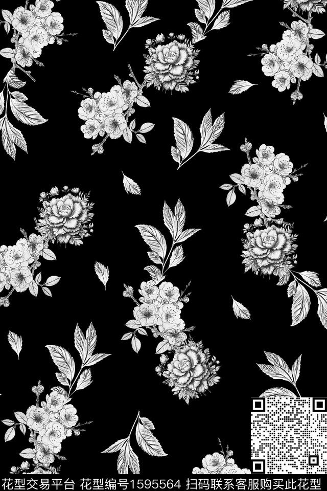花卉黑白花型黑底花卉数码印花花型下载（图片编号: 1595564） - 瓦栏（Walan）