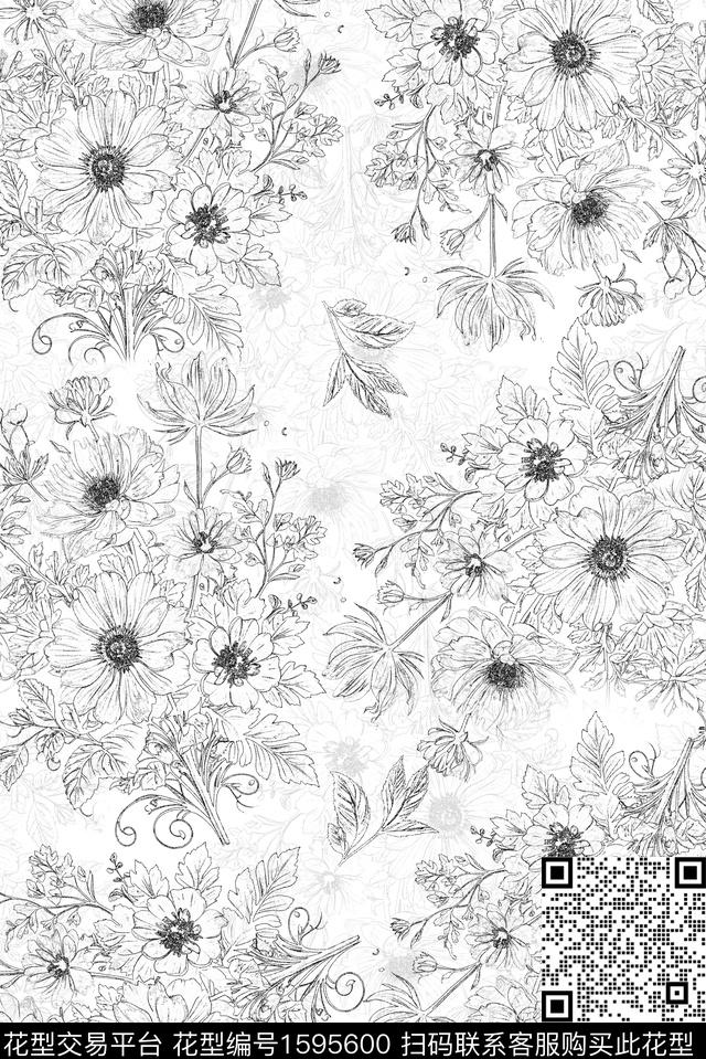 黑白花型线条花卉花卉数码印花花型下载（图片编号: 1595600） - 瓦栏（Walan）