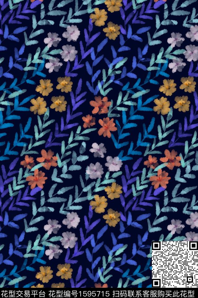 黑底花卉花卉水彩数码印花花型下载（图片编号: 1595715） - 瓦栏（Walan）