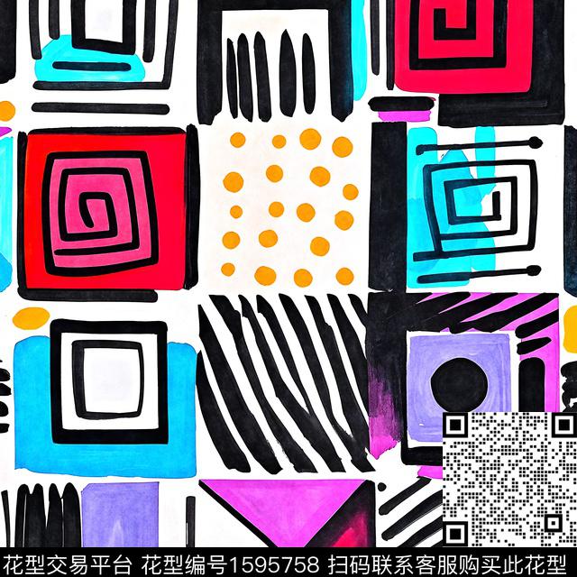 几何黑白条纹波点数码印花花型下载（图片编号: 1595758） - 瓦栏（Walan）