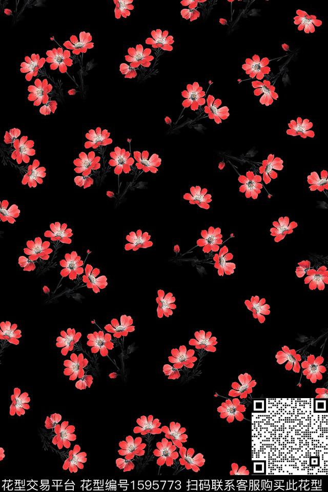 花卉小碎花黑底花卉数码印花花型下载（图片编号: 1595773） - 瓦栏（Walan）