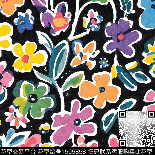 花卉手绘花卉黑底花卉数码印花花型下载（图片编号: 1595858） - 瓦栏（Walan）