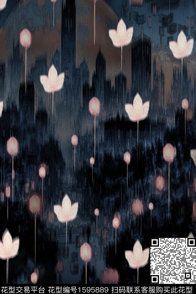 花卉水彩高楼大厦数码印花花型下载（图片编号: 1595889） - 瓦栏（Walan）