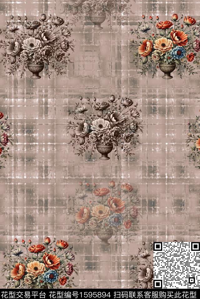 花卉底纹格子数码印花花型下载（图片编号: 1595894） - 瓦栏（Walan）