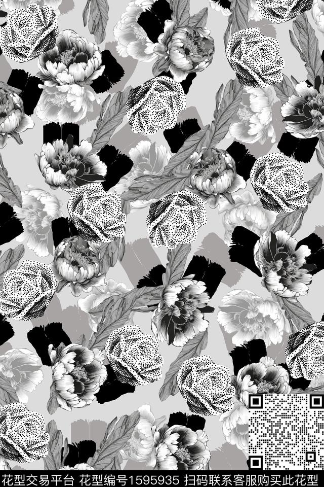 满版散花黑白花型数码花型数码印花花型下载（图片编号: 1595935） - 瓦栏（Walan）