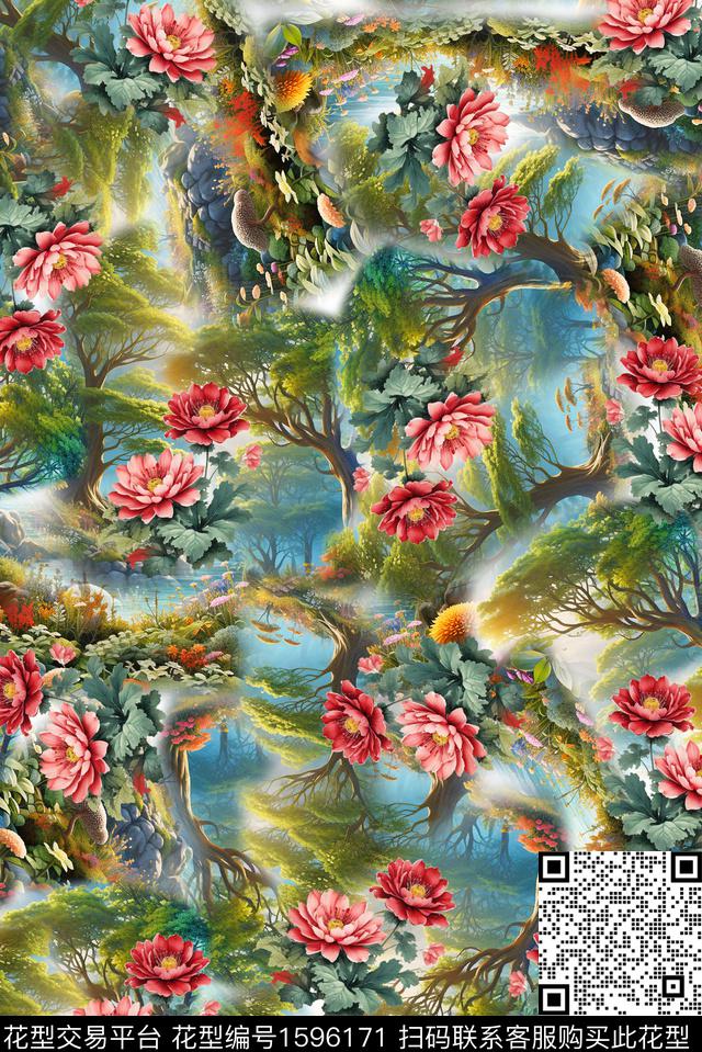 风景树花卉数码印花花型下载（图片编号: 1596171） - 瓦栏（Walan）