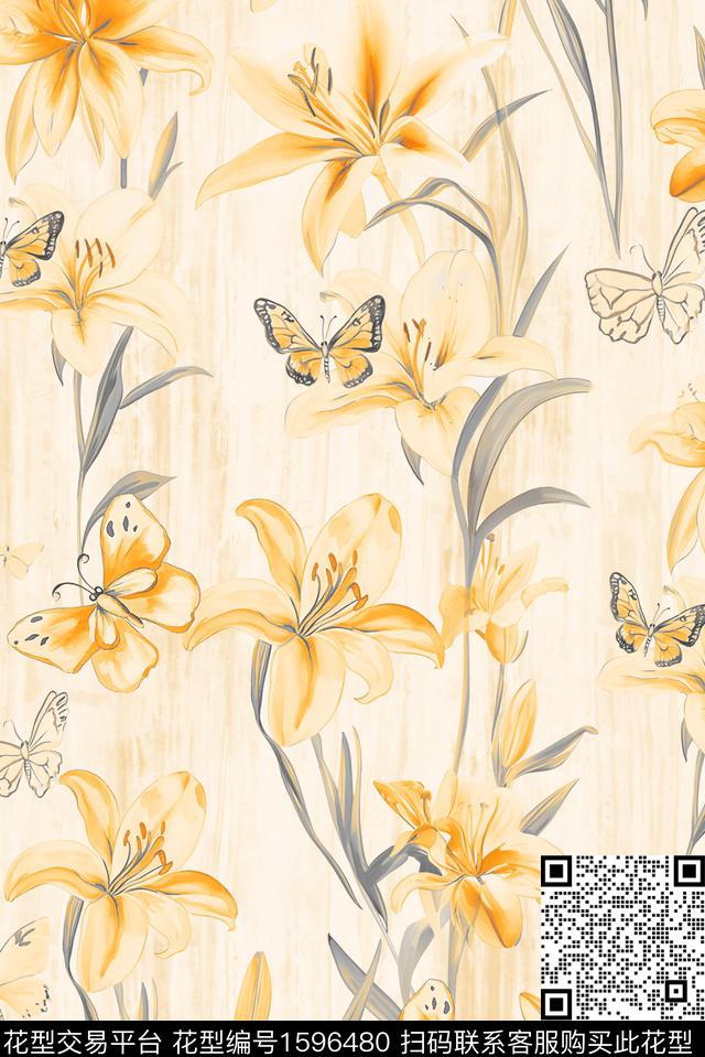 花卉蝴蝶水彩花卉数码印花花型下载（图片编号: 1596480） - 瓦栏（Walan）