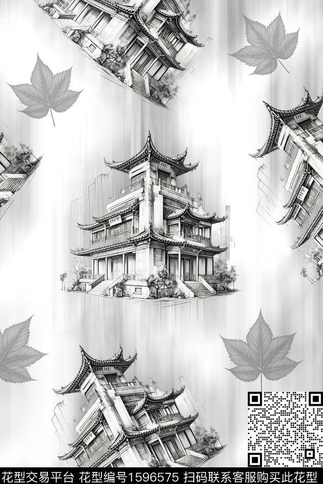 建筑黑白花型叶子数码印花花型下载（图片编号: 1596575） - 瓦栏（Walan）
