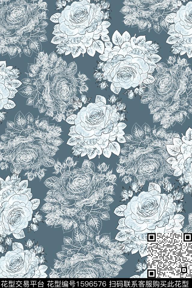花卉线条花卉数码印花花型下载（图片编号: 1596576） - 瓦栏（Walan）