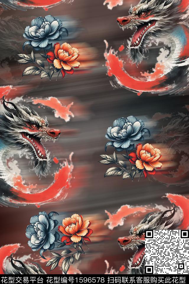 龙花卉虚影数码印花花型下载（图片编号: 1596578） - 瓦栏（Walan）