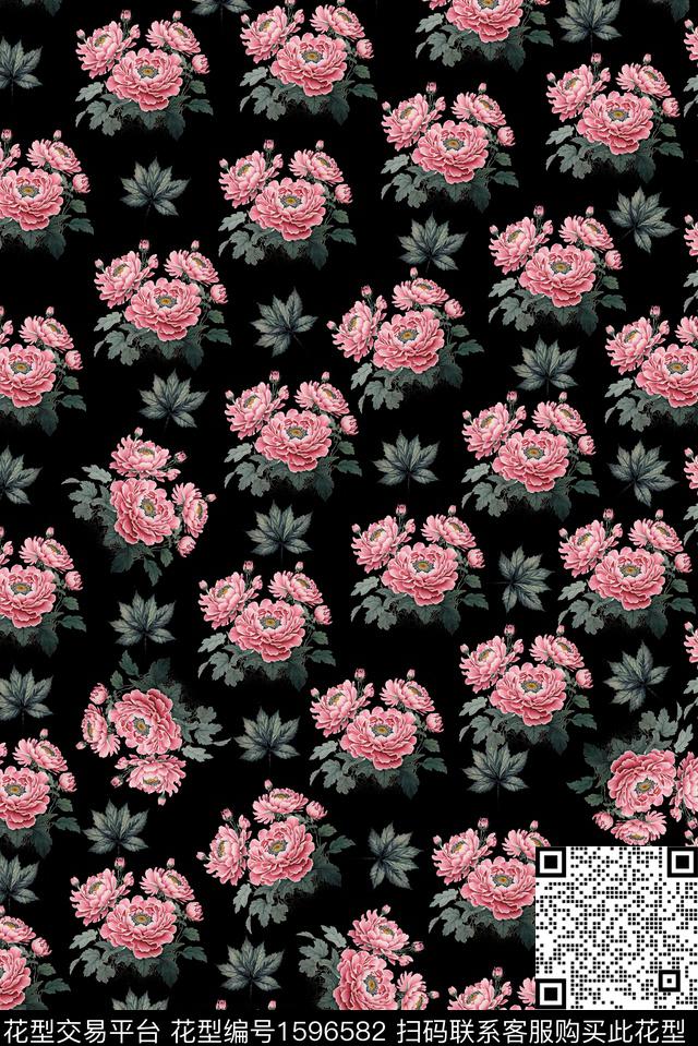 花卉黑底花卉小碎花数码印花花型下载（图片编号: 1596582） - 瓦栏（Walan）