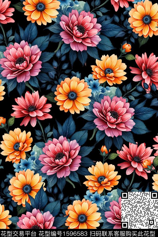 花卉黑底花卉水彩花卉数码印花花型下载（图片编号: 1596583） - 瓦栏（Walan）