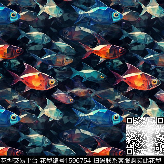 鱼黑底水晶数码印花花型下载（图片编号: 1596754） - 瓦栏（Walan）