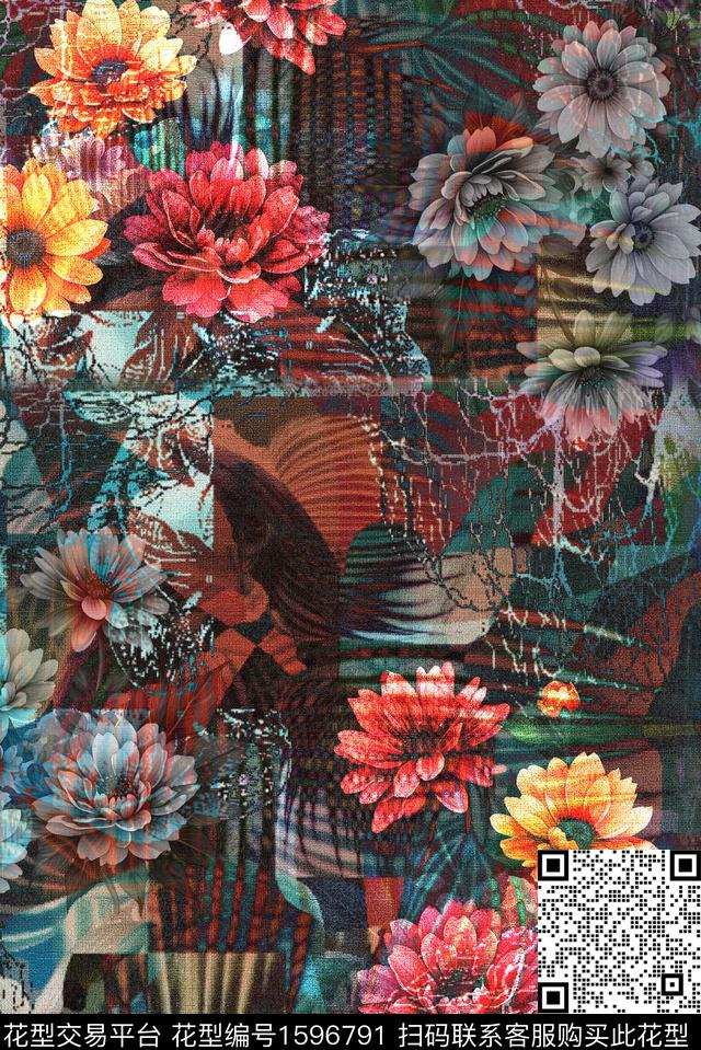 花卉深色调花卉中老年数码印花花型下载（图片编号: 1596791） - 瓦栏（Walan）