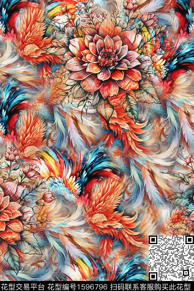花卉中老年羽毛数码印花花型下载（图片编号: 1596796） - 瓦栏（Walan）