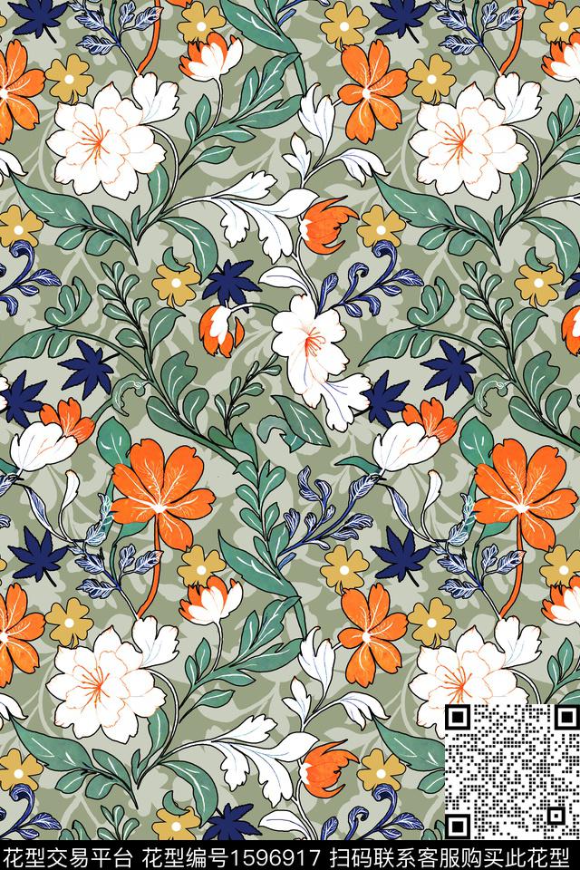 满版散花花卉绿植树叶数码印花花型下载（图片编号: 1596917） - 瓦栏（Walan）
