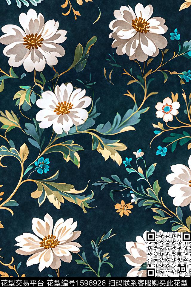 复古卷草花卉绿植树叶数码印花花型下载（图片编号: 1596926） - 瓦栏（Walan）