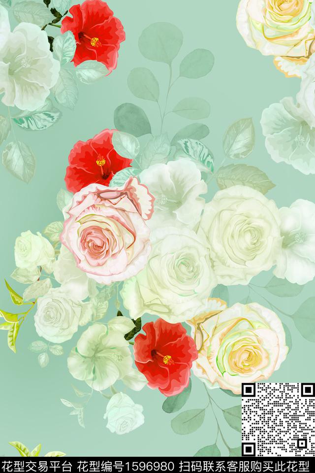 大花清爽底花卉花卉数码印花花型下载（图片编号: 1596980） - 瓦栏（Walan）
