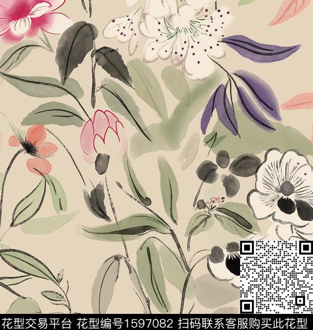 中国风水墨风花卉数码印花花型下载（图片编号: 1597082） - 瓦栏（Walan）