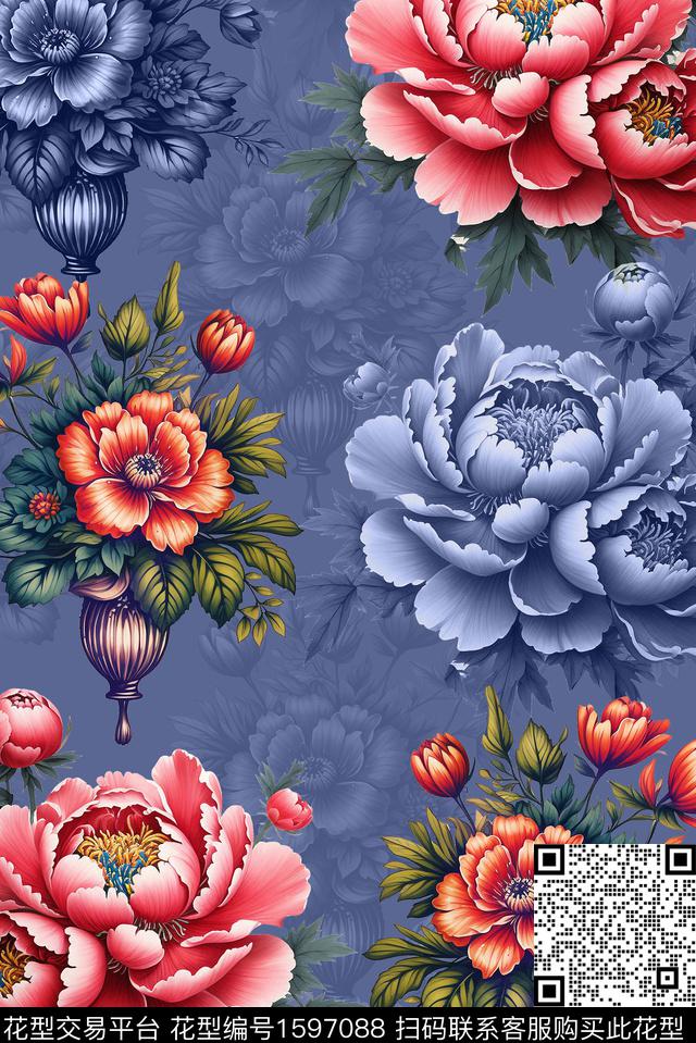 花卉大花影花数码印花花型下载（图片编号: 1597088） - 瓦栏（Walan）