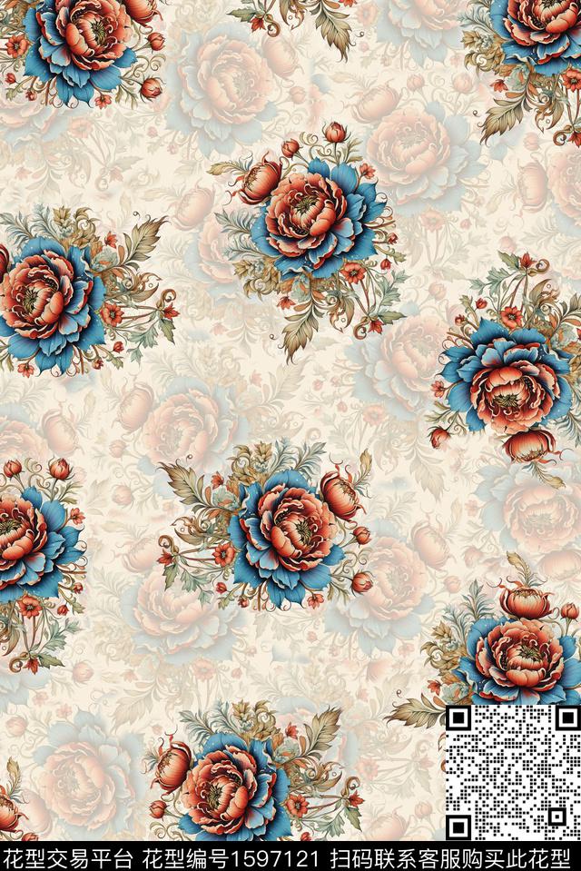 花卉影花古典花卉数码印花花型下载（图片编号: 1597121） - 瓦栏（Walan）