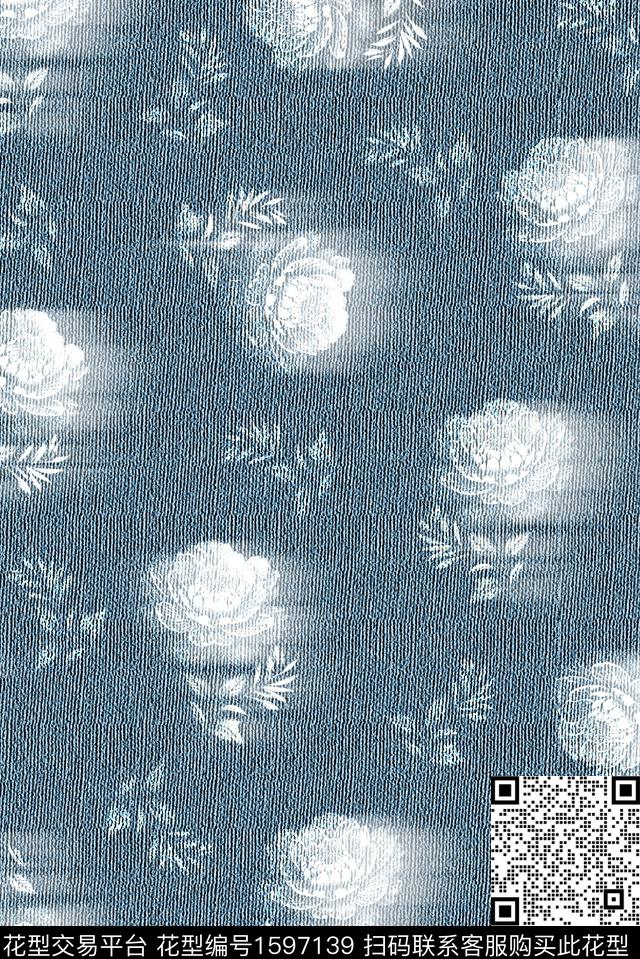 肌理牛仔布花卉数码印花花型下载（图片编号: 1597139） - 瓦栏（Walan）