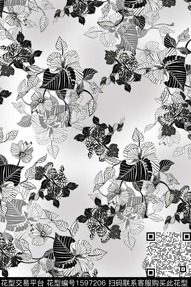 满版散花黑白花型数码花型数码印花花型下载（图片编号: 1597206） - 瓦栏（Walan）