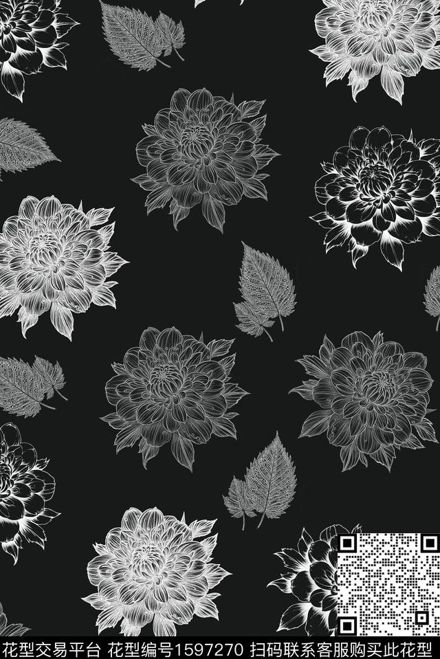 花卉叶子黑白花型数码印花花型下载（图片编号: 1597270） - 瓦栏（Walan）