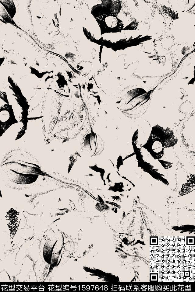 花卉黑白花型郁金香传统印花花型下载（图片编号: 1597648） - 瓦栏（Walan）