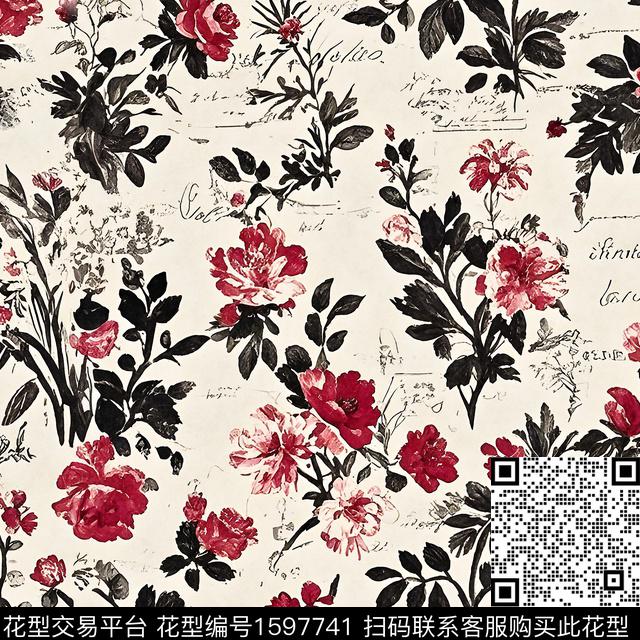 手绘复古玫瑰花卉数码印花花型下载（图片编号: 1597741） - 瓦栏（Walan）