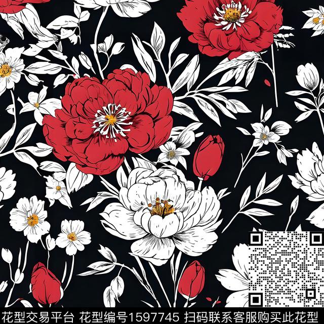 花卉手绘花卉黑底花卉数码印花花型下载（图片编号: 1597745） - 瓦栏（Walan）