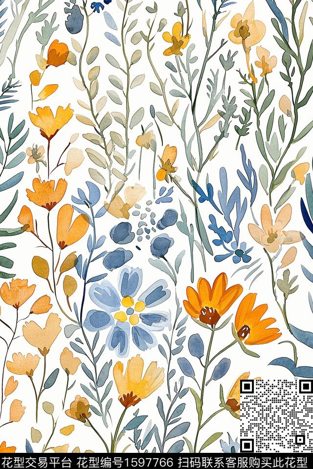 花卉水彩花卉小清新数码印花花型下载（图片编号: 1597766） - 瓦栏（Walan）