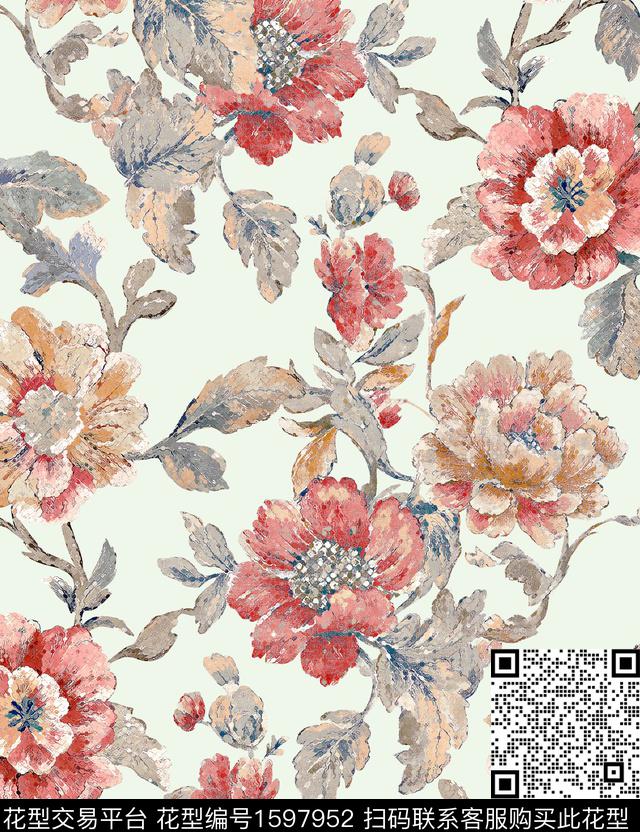 清爽底花卉油画花型花卉数码印花花型下载（图片编号: 1597952） - 瓦栏（Walan）