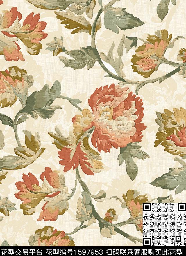 花卉卷草油画花型数码印花花型下载（图片编号: 1597953） - 瓦栏（Walan）