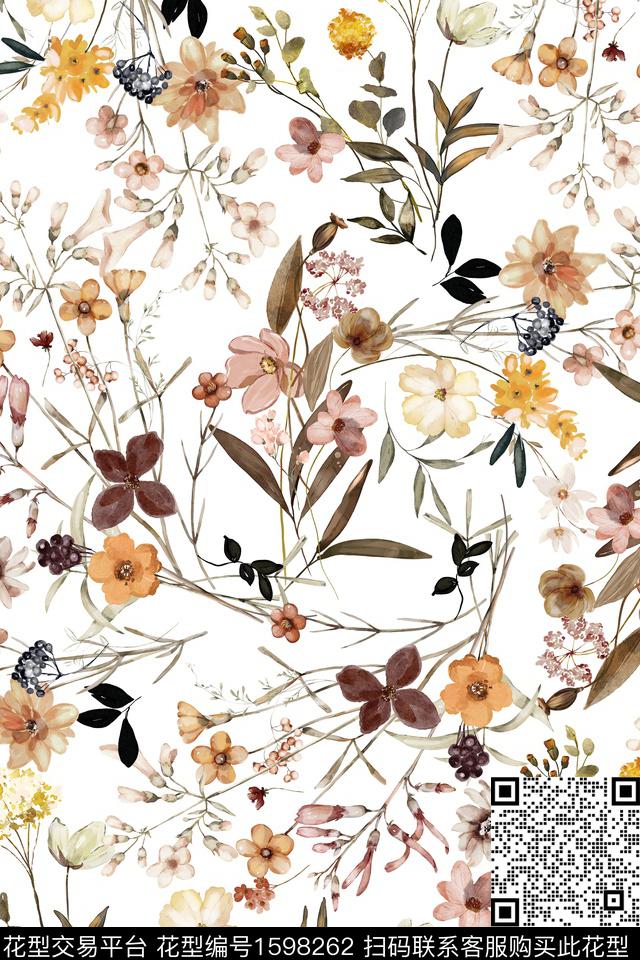 清爽底花卉花卉手绘花卉数码印花花型下载（图片编号: 1598262） - 瓦栏（Walan）