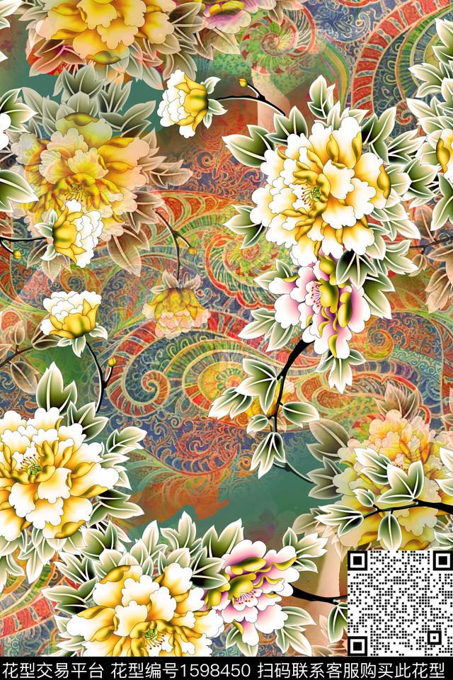 真丝满版散花花卉数码印花花型下载（图片编号: 1598450） - 瓦栏（Walan）