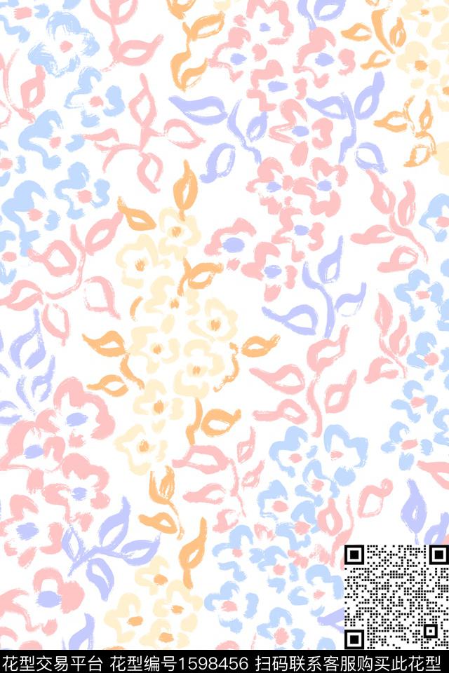 清爽底花卉小碎花线条花卉数码印花花型下载（图片编号: 1598456） - 瓦栏（Walan）