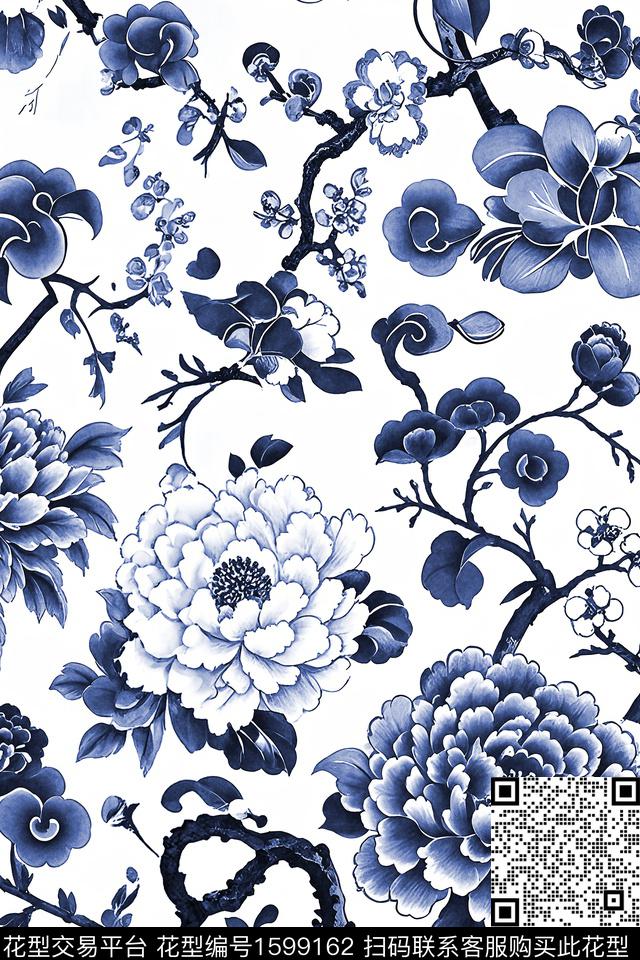 清爽底花卉牡丹花鸟数码印花花型下载（图片编号: 1599162） - 瓦栏（Walan）